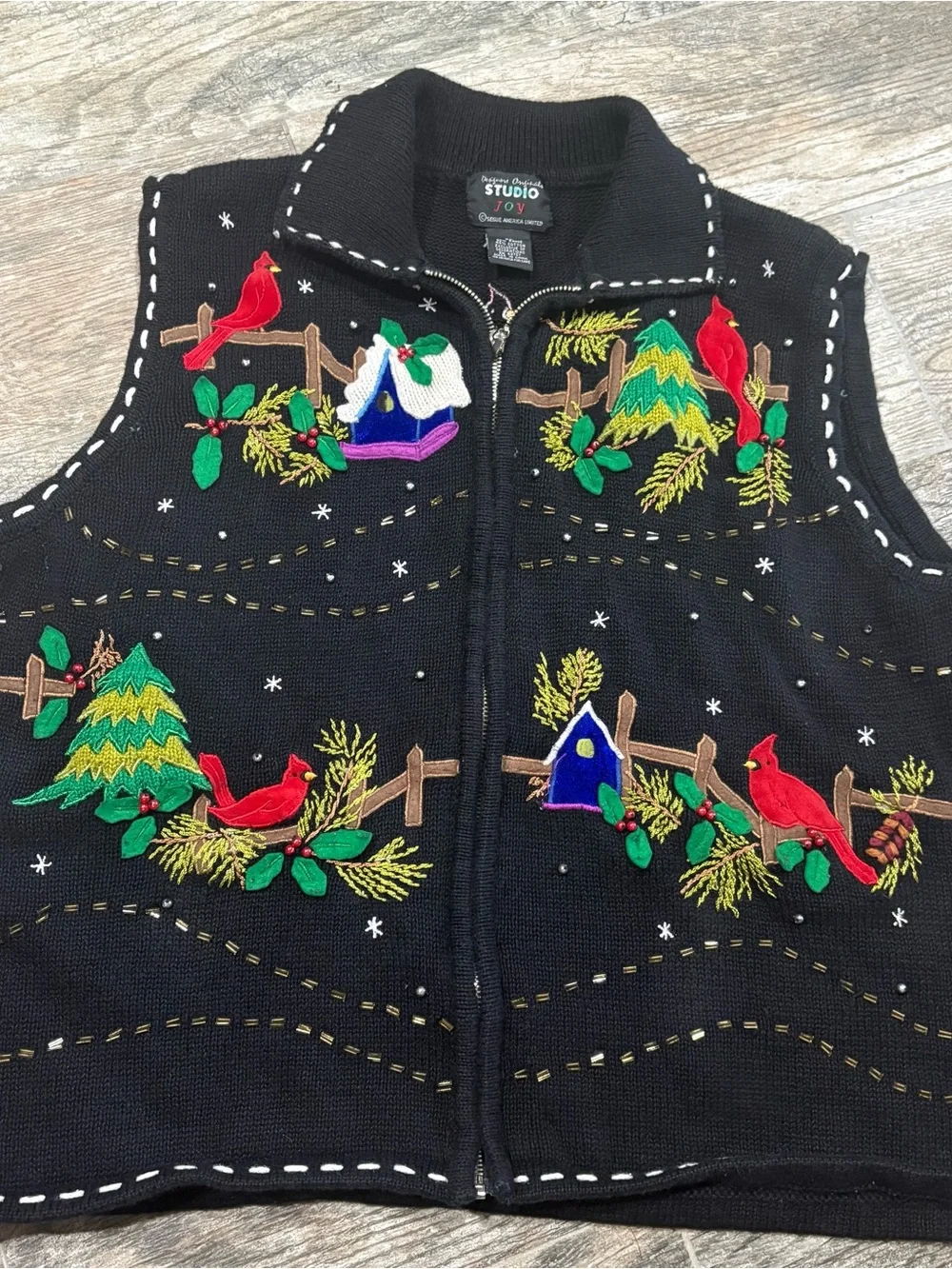 VTG Ugly Christmas Sweater Vest Tree Zip Cardinals Black Beaded Holiday Sz XL